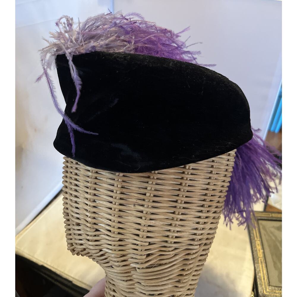 CHARLES F BERG PORTLAND OR Purple Velvet HAT WOMENS Ostritch Feathers Open Crown - Picture 4 of 6